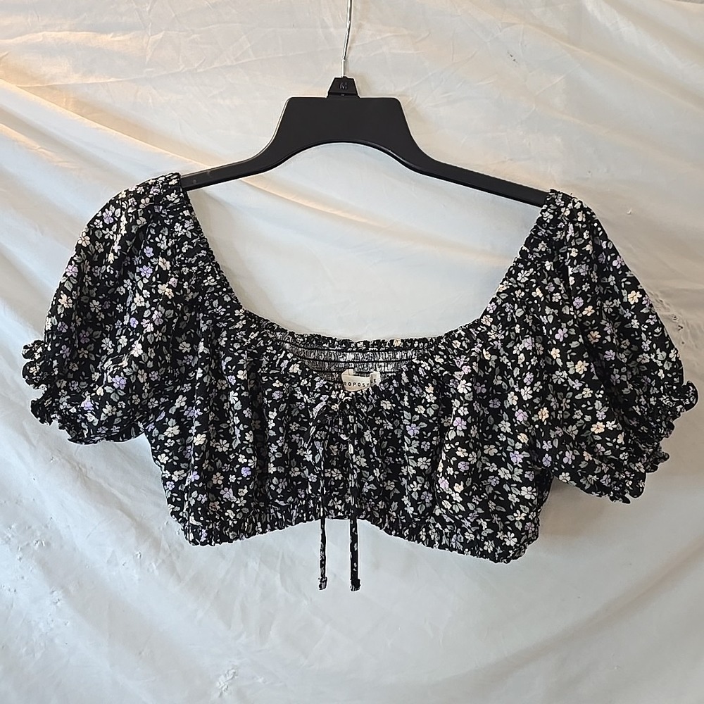 Aeropostale Puffed Ruffle Sleeve Floral‎ Crop Top Shirt Front Tie 90s Y2K Boho L